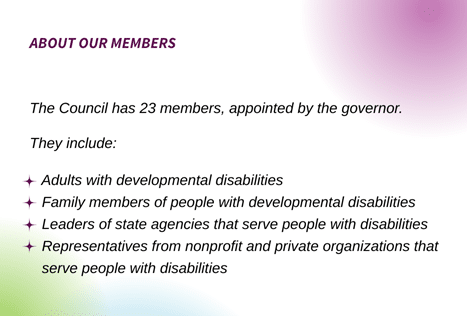 An informational graphic titled "ABOUT OUR MEMBERS" details the composition of the Governor's Council on Developmental Disabilities Arkansas.