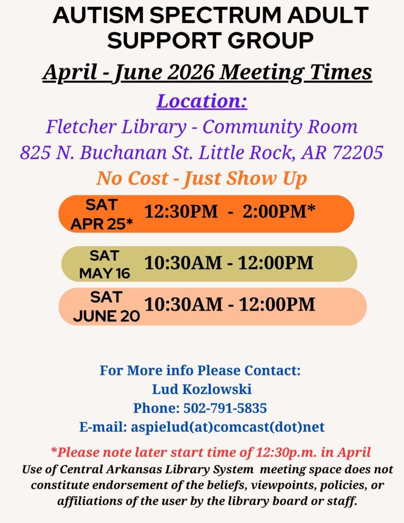 A flyer with details about the April through June 2026 Adults support group meetings.