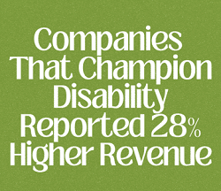 White text that reads "Companies That Champion Disability Reported 28% Higher Revenue" over a green background.