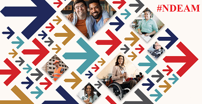 Collage of arrows in various colors pointing forward, with images of disabled people at work. The text reads #NDEAM