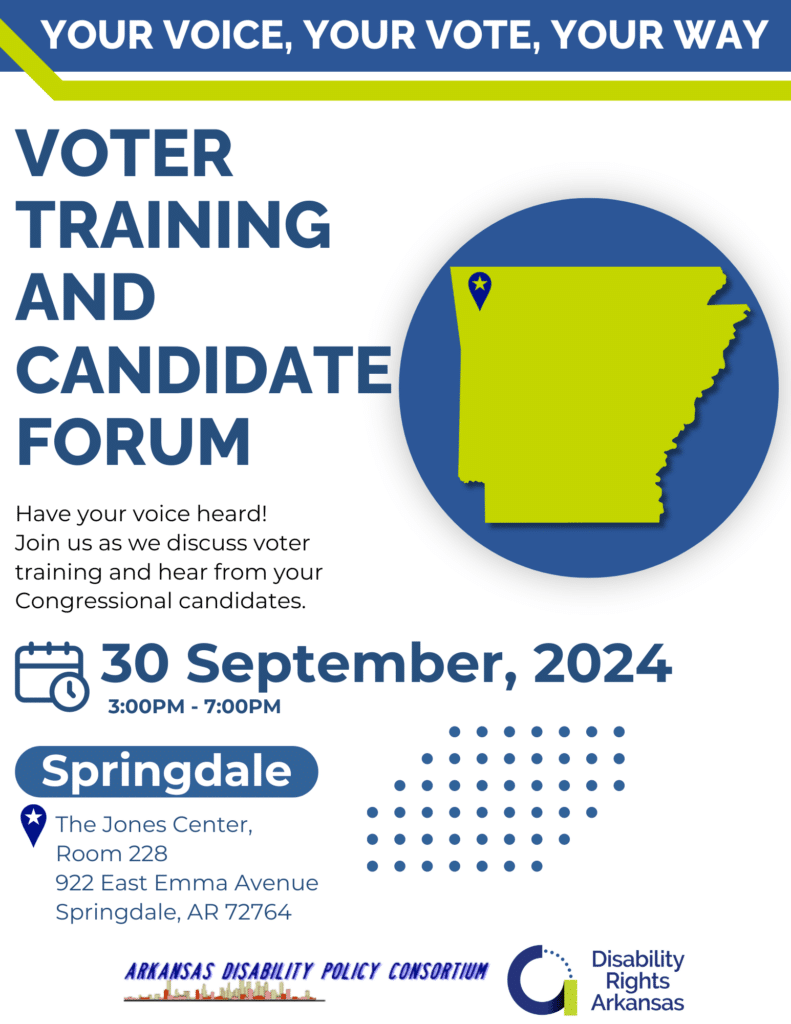 Voter candidate forum flyer with a white background and blue, green and white graphics and text.